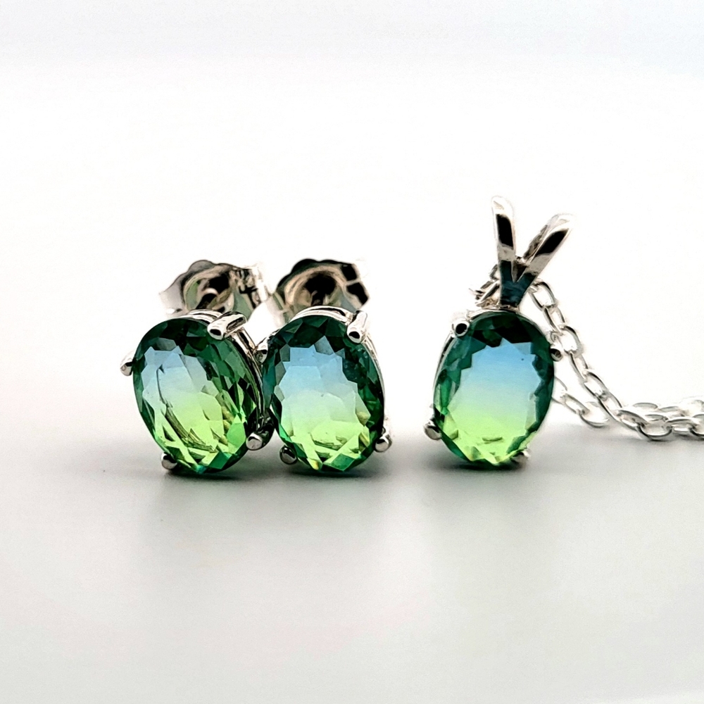 Oval Blue & Green Tourmaline Sterling Silver Earring/Necklace Set 3OBGTSSENSLG